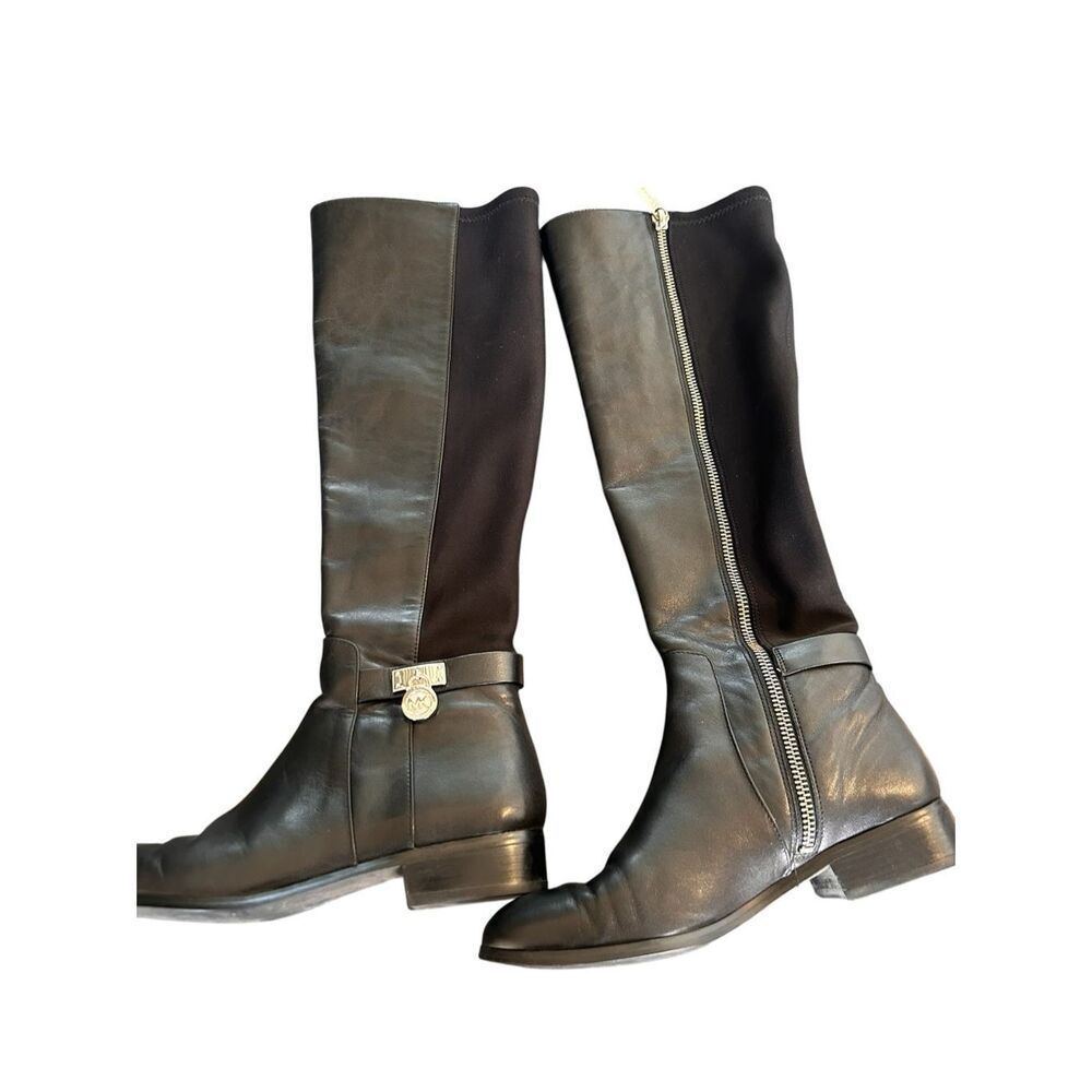 Michael Kors Hamilton Riding Boots Black /Silver Logo Size 6.5 M